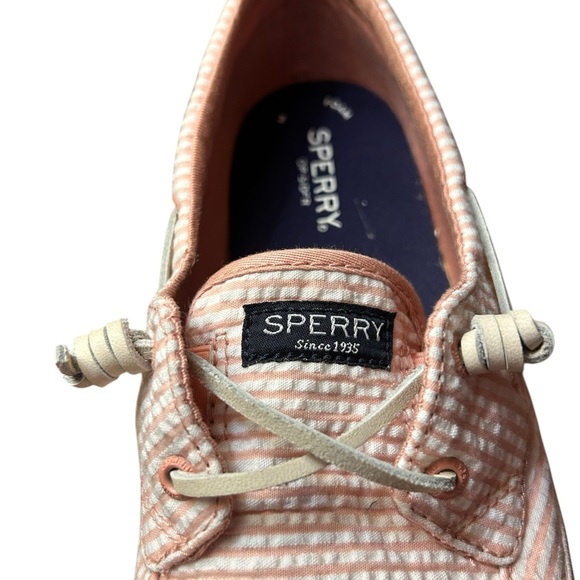 Sperry Women’s Top Sider 9.5 Medium Slip Ons, leather laces Pink Striped,casual - Picture 2 of 6